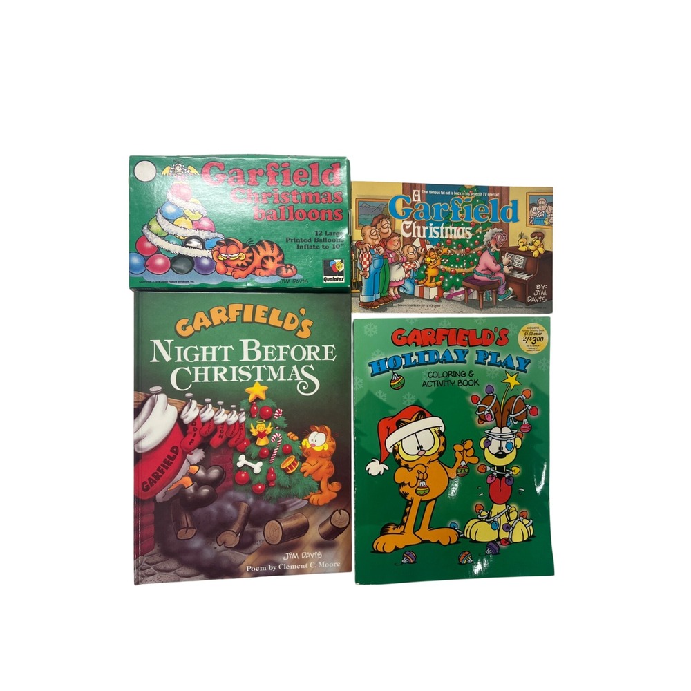 Vintage Garfield Christmas Lot Books Coloring Book & Qualatex Balloons Jim Davis